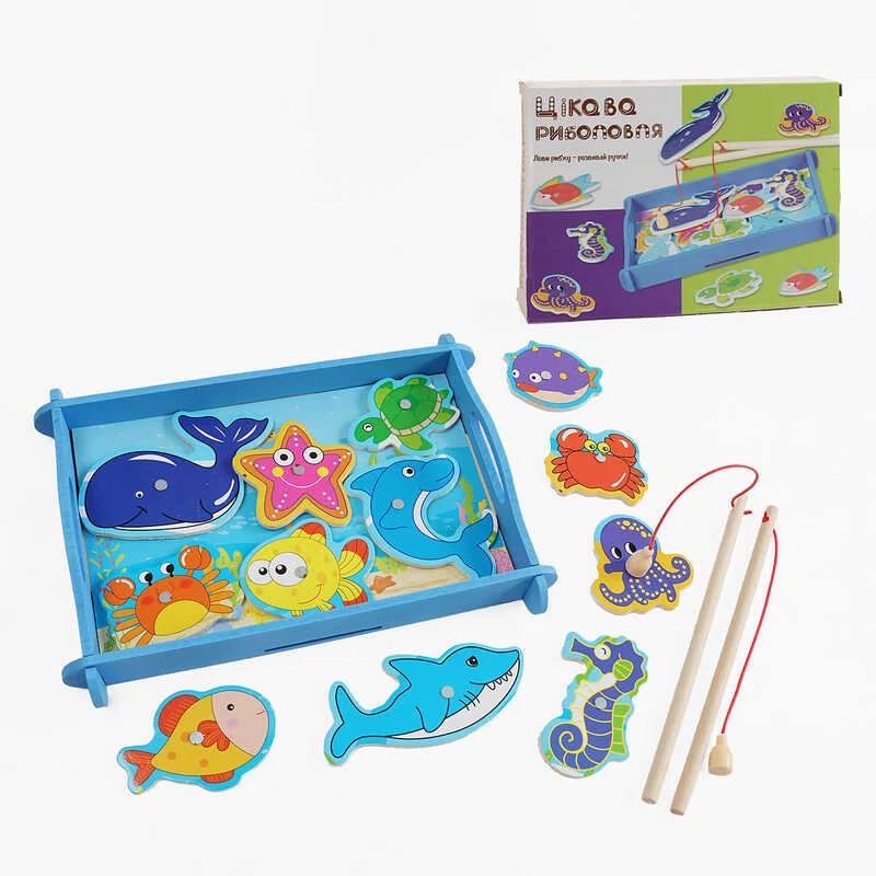 Магнітна риболовля Wtoys (28538) дерев`яна, 2 вудочки, рибки, в коробці