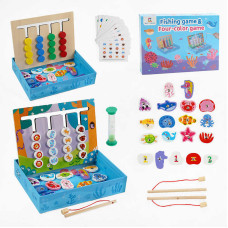 Дерев'яна логічна гра (C 68293) 2в1: four color game та магнітна рибалка, пісочний годинник, 2 вудки, картки із завданнями