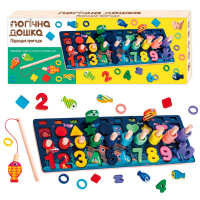 Дошка WToys логічна (11825) дерев`яна, 10 кольорових рибок, магнітна риболовля, цифри та фігури, кілочки, в коробці