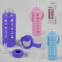 Бутылка стеклянная  bimbo (15798) с силиконовой соской , 240 мл, 3 цвета, 1шт в коробке