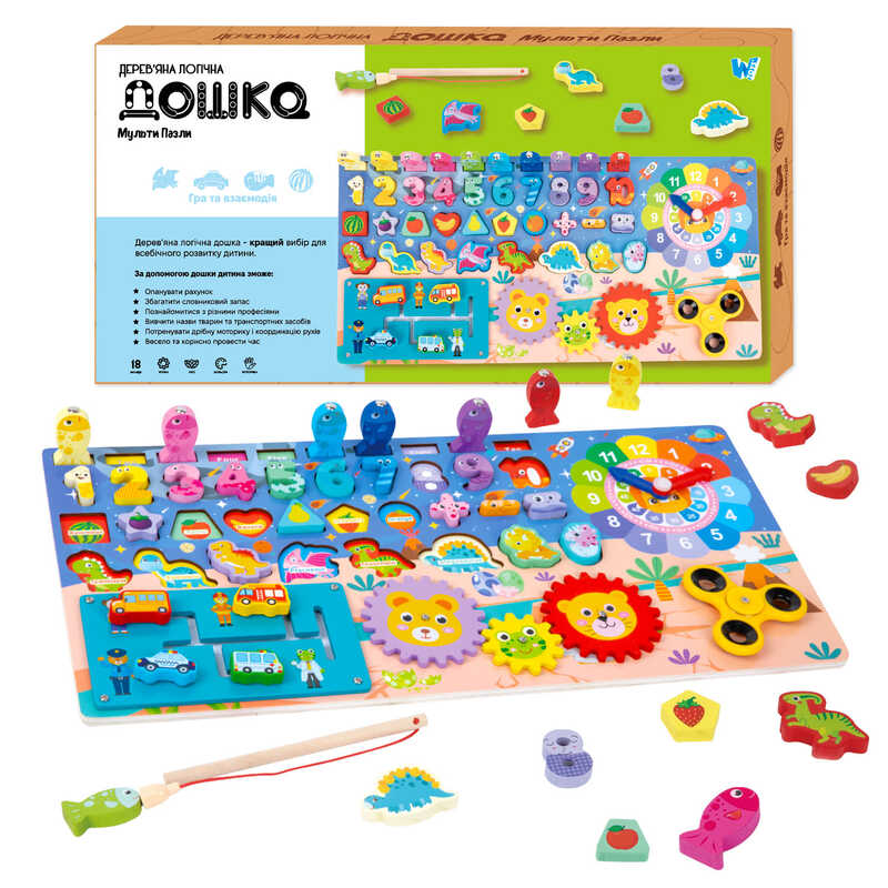 логічна WToys (53482) математичний+фруктовий сортер, шестерні, спинер, годинник, пальчиковий лабіринт, магнітна рибалка
