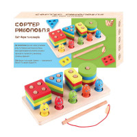 Дошка логічна WToys (40426) дерев'яна, рибки на магнітах, сортер-рибалка, геометричні фігурки