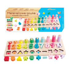 Логічна деревяна дошка (94511) wtoys, сортер, цифри, арифметичні знаки, геометричні фігури, кілочки з кільцями, в коробці