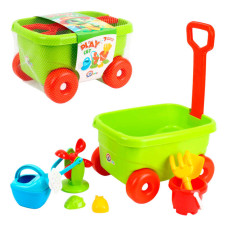 Набір для гри з піском (1409) technok toys, візочок, граблі, лопатка, млин, лійка, 2 форми, в сітці