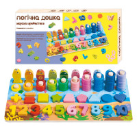 Дошка логічна WToys (32521) дерев'яна, сортер, магнітна рибалка, цифри англійською, дерев'яні кілочки, геометричні фігури, кільця
