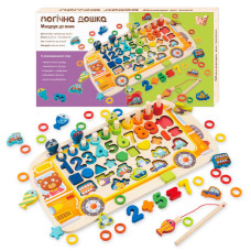 Дошка Автобус логічна (38512) WToys, дерев`яна, сортер, магнітна риболовля, цифри, знаки, фігури, транспорт, кілочки, кільця, в коробці