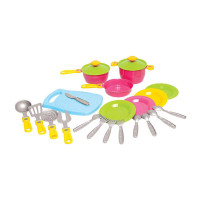 Набор посуды (1677) technok toys 2 кастрюли, сковородка, 2 крышки, досточка, 4 комплекта столовых приборов, кухонная утварь, 21см, в сетке