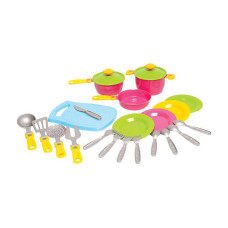 Набор посуды (1677) technok toys 2 кастрюли, сковородка, 2 крышки, досточка, 4 комплекта столовых приборов, кухонная утварь, 21см, в сетке